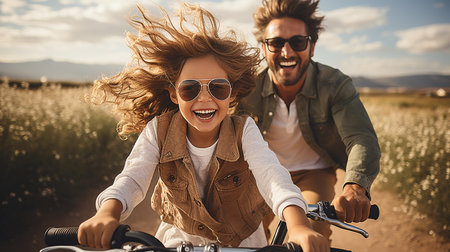 Happy young couple riding a motorbike in the field. They are smiling and looking at camera.の素材