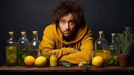 frustrated man in yellow hoodie sitting at table with bottles of olive oil and lemon on black backgroundの素材