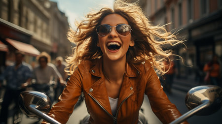Cheerful young woman riding a scooter on the street.の素材
