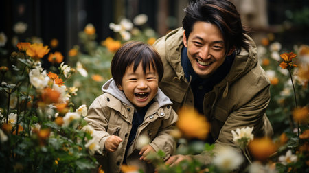 Happy asian family in flower garden. Father and son having fun together.の素材