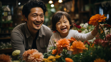 Happy asian father and daughter in flower shop. Happy family conceptの素材