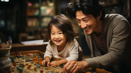 Happy asian family playing board game together in living room at homeの素材