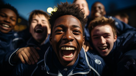 Group of happy african american football fans cheering for favorite teamの素材