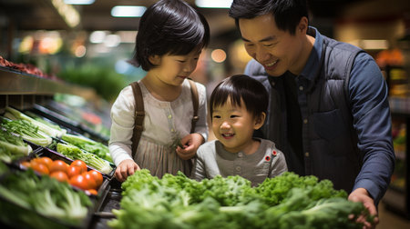 Happy asian family shopping at grocery store. Father and son choosing vegetables.の素材