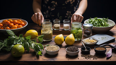 Woman hands making pesto sauce on wooden table with ingredients, close upの素材