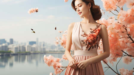 Beautiful asian woman in pink dress with sakura blossomの素材