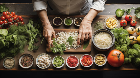 Close-up image of female hands cooking with vegetables and herbsの素材