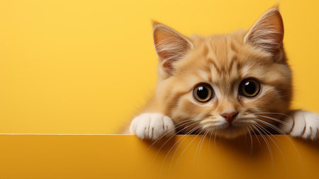 Cute little kitten peeking out from behind yellow wall, on color backgroundの素材
