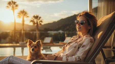 Beautiful young woman in sunglasses sittingchair with her dog at sunsetの素材