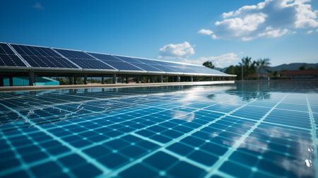 Solar panels with blue sky background. Alternative energy concept.の素材