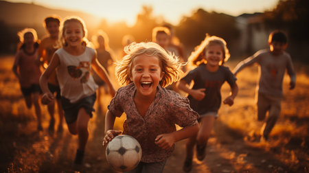 Group of happy kids having fun and running together on field at sunsetの素材