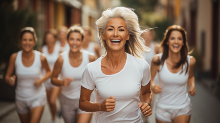 Group of happy women running in the city. Healthy lifestyle.の素材