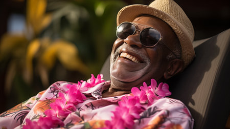 Portrait of smiling senior man sittingchair in tropical gardenの素材