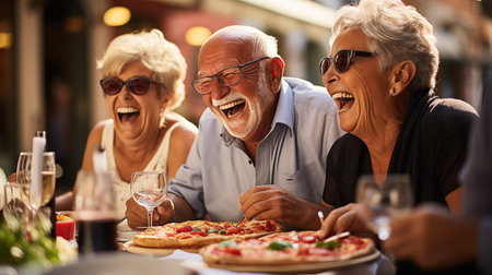 Group of senior friends eating pizza and having fun together in a restaurantの素材