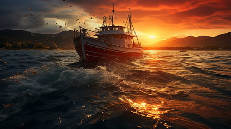 Fishing boat in the sea at sunset. Beautiful summer landscape.の素材