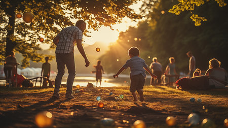 Father and son playing with balls in the park at sunset. Happy family concept.の素材