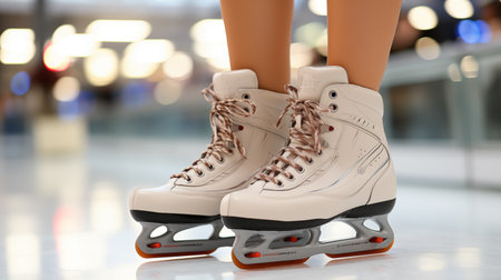closeup of figure skates on the legs of a young womanの素材