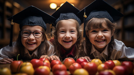 Happy group of children in academic gowns and caps looking at camera and smiling. Education concept.の素材