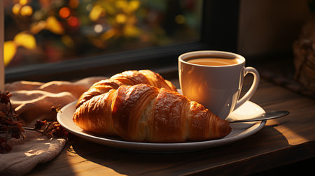 Cup of coffee and croissants on table in morning lightの素材