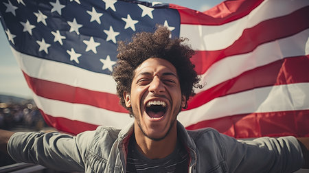 Portrait of young man with afro hairstyle against usa flagの素材