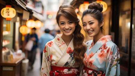 Two young asian women in kimono walking in Tokyo, Japanの素材
