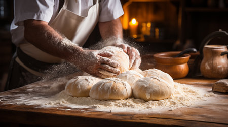 Male hands kneading dough on a wooden table in the kitchenの素材