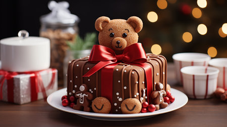 Teddy bear on a chocolate cake with a red bow on a wooden tableの素材