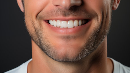 Close-up of a man's white teeth on a black backgroundの素材