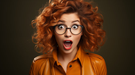 Surprised redhead woman in eyeglasses on dark backgroundの素材