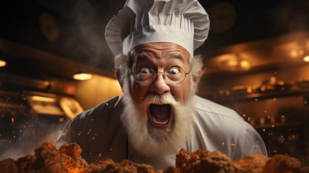 Portrait of senior man in chef hat and apron cooking in the kitchenの素材