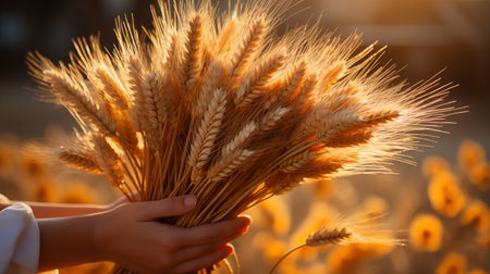 Wheat ears in the hands of a child. Selective focus. nature.の素材