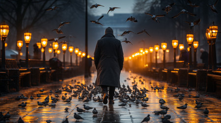 A man walks along the bridge with pigeons at night in winter.の素材