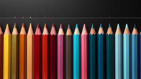 Colored pencils in row on black background.の素材