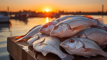 Fresh fish on a wooden board at sunset in the marina.の素材