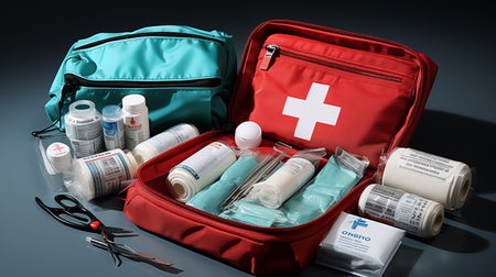 First aid kit on a blue background.の素材