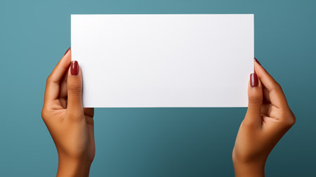 Female hands holding blank paper sheet on blue background. Mockup for designの素材