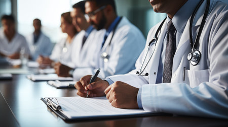 Close-up of a male doctor sitting at the table with his colleagues in the backgroundの素材