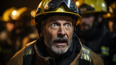 Portrait of a middle aged fireman standing in the fire stationの素材