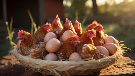 chickens and eggs in the basket on the nature background.の素材