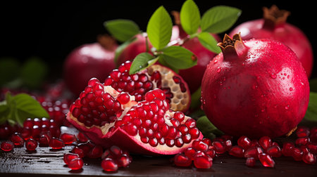 Fresh pomegranate with leaves and seeds on a black backgroundの素材