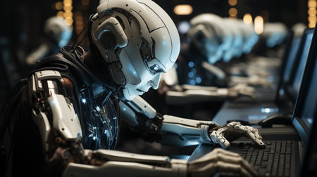 Humanoid robot working on a computer in a dark roomの素材