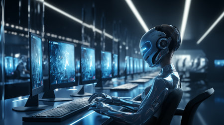 Cyborg sitting in front of computer monitors. 3D rendering.の素材
