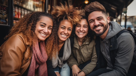 Multiethnic group of friends having fun together. They are sitting on a bench and smiling.の素材
