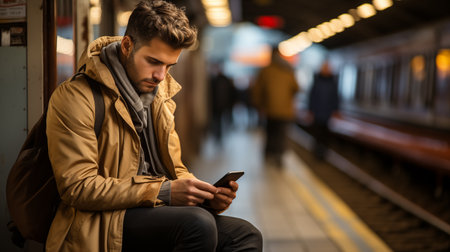 Young man waiting for a train at the train station platform using his mobile phoneの素材
