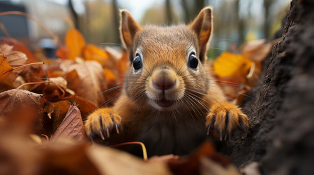 Cute squirrel in autumn leaves, closeup view. Animal in parkの素材