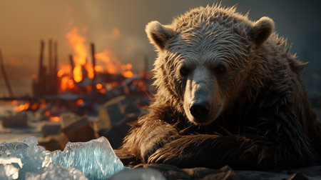 A brown bear is lying on the ice in front of the fireの素材