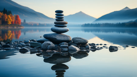 Stones balance on a lake in the mountains at sunset. Concept of harmony and balanceの素材
