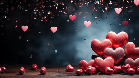 Valentines day background with red hearts on dark bokehの素材