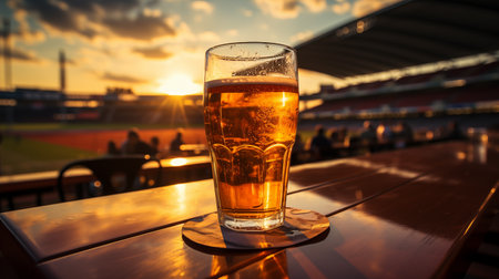 Glass of beer on a wooden table in a football stadium at sunsetの素材