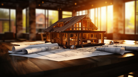 Wooden house with blueprints on the tableの素材